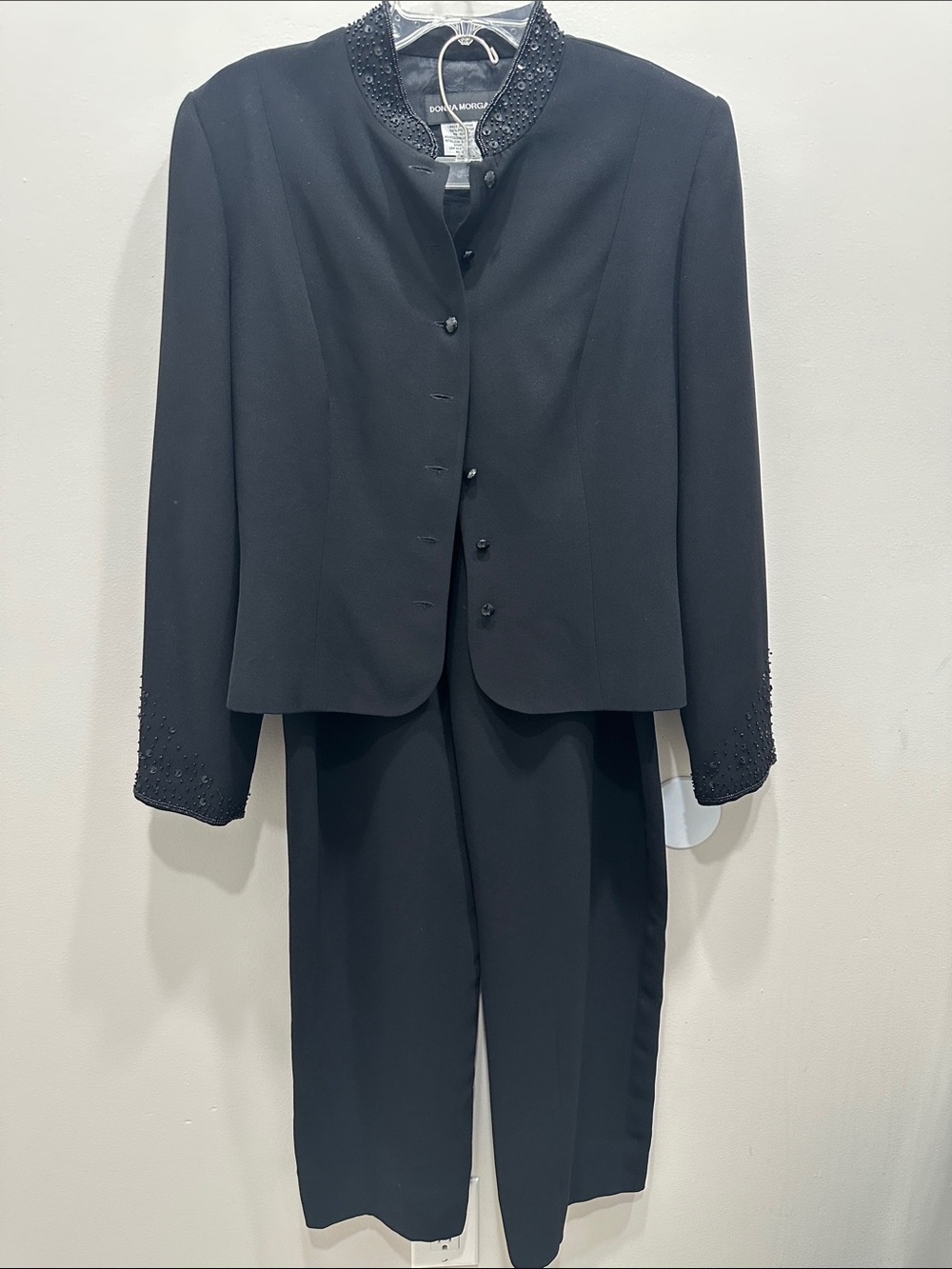 Vintage Donna Morgan Black Beaded Jacket and Tapered Pants Suit